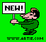 cartoon guy with sign: New (gif)