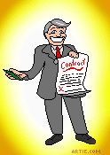 Cartoon of man in suit holding contract (gif)