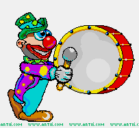 circus clown marching with a bass drum