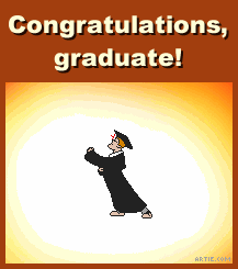 Cartoon greeting card of graduate strutting in cap and gown