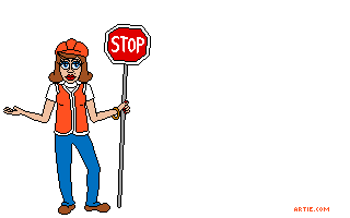 Animation: Female road worker drops stopsign