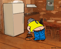 Funny repairman in kitchen cartoon