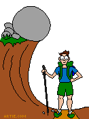Animated cartoon: Boulder Might Fall On Hiker