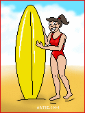 Cartoon of woman and surfboard on beach (gif)