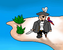 Cartoon of pirate with a parrot and a sword on beach