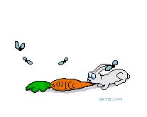 Cartoon rabbit sniffs dead carrot (gif)