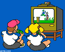 Kids playing console video games in front of a TV